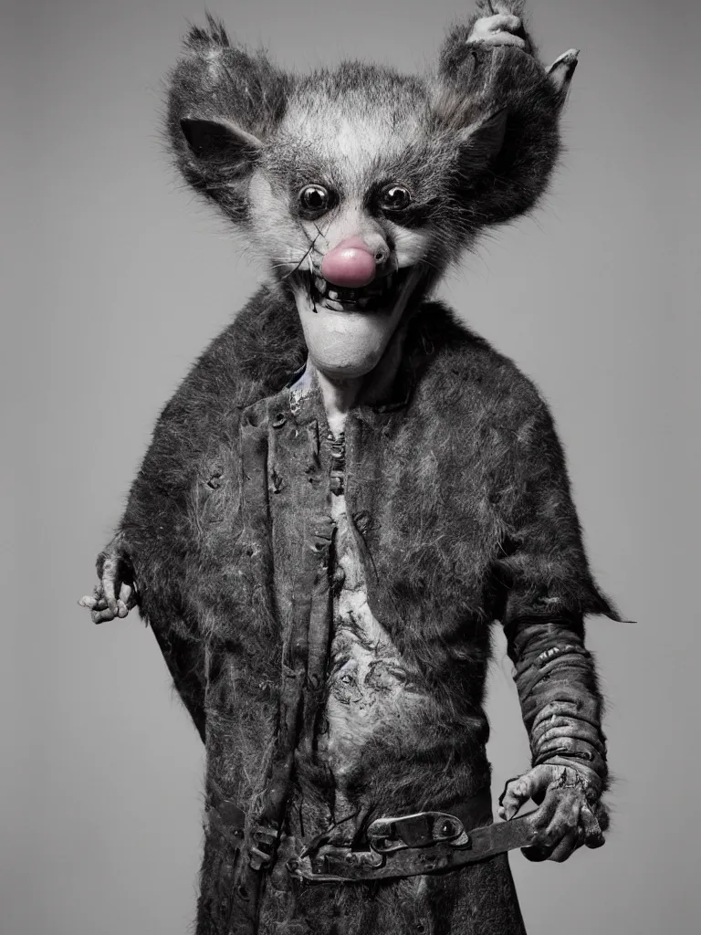Prompt: 20mm f8 full body portrait photography of a grinning humanoid evil emaciated opossum sheriff in medieval Scotland, by erwin Olaf