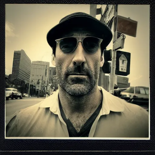 Image similar to polaroid picture, sepia, homeless jon hamm in the streets of houston, unshaved, perfect face, symmetrical face, fine details, day setting, ethereal, trending on artstation