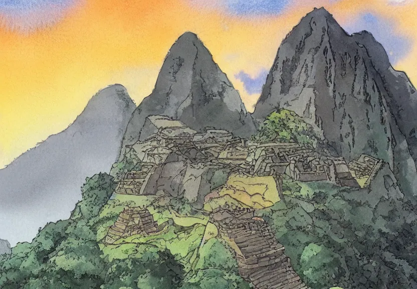 Prompt: a cell - shaded watercolor concept art from a studio ghibli film showing one giant grey griffon. a temple is under construction in the background in machu pichu on a misty and starry night. by studio ghibli. very dull muted colors