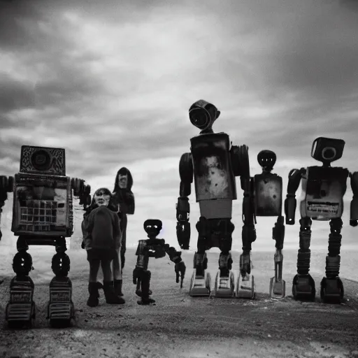 Image similar to the most creepy family photo of robots, 35mm lens, post apocalyptic, sadness, depression, screaming, crying, a dumping ground