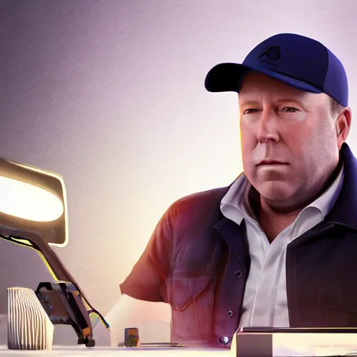 Prompt: hyperrealistic mixed media image of info wars alex jones at desk wearing hat, stunning 3 d render inspired art by xiang duan and thomas eakes and greg rutkowski, perfect facial symmetry, hyper realistic texture, realistic, highly detailed attributes and atmosphere, dim volumetric cinematic lighting, 8 k octane detailed render, post - processing, masterpiece,