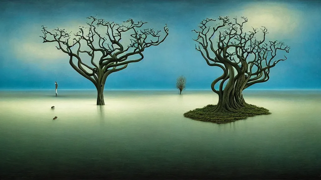 Image similar to surreal landscape, surrealism, symmetrical, whirling trees, lake with waves breaking, esao andrews, victor enrich, dali