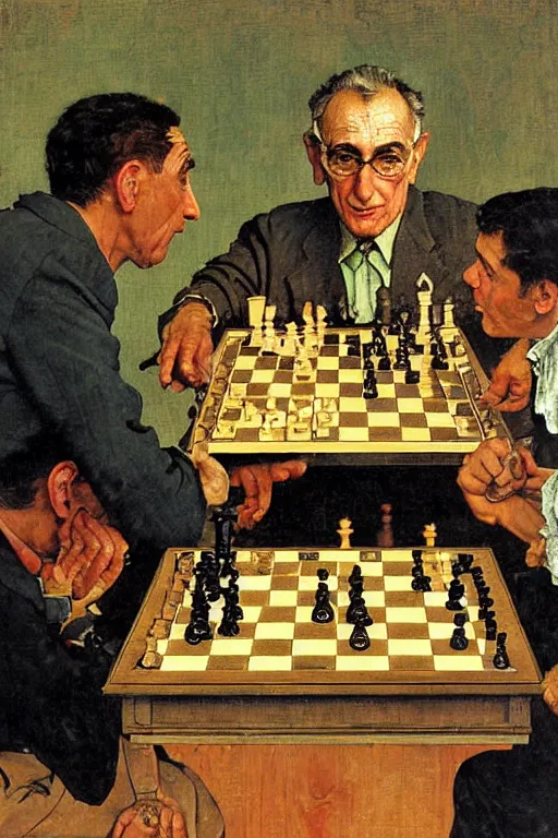 Image similar to franco battiato playing chess painted by norman rockwell