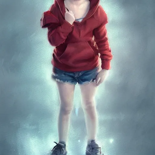 Image similar to a cute tiny girl with short red hair wearing a hoodie, digital art, very beautiful face, pretty face, very detailed eyes, full body illustration, 8 k resolution, soft painting, by greg rutkowski, wlop, rossdraws,