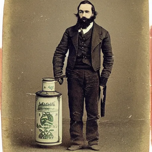 Image similar to 1870s bearded man in green waistcoat holding specimen jar which contains a platypus