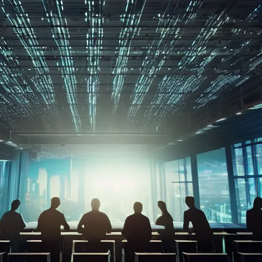 Image similar to cinematic concept, located in empty industrial warehouse with sunlight streaming through the windows, a large table in the middle of the frame that takes up a lot of space, a group of people standing around the table, on top of the table is a large hologram of a city futuristic city, some people are wearing virtual reality headsets in the foreground