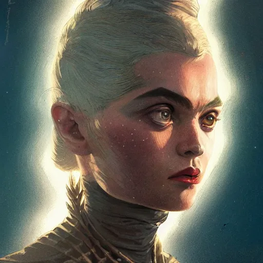 Image similar to Portrait of Grimes in Dune 1984, illustrated by Greg Rutkowski, trending on artstation, artstationHQ, artstationHD, 4k, 8k