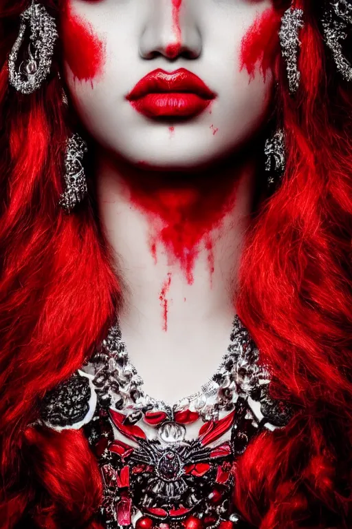 Image similar to portrait of the blood goddess, enigmatic beauty, dominant shades of crimson and red and black, photography, oriental silver ornaments, artstation