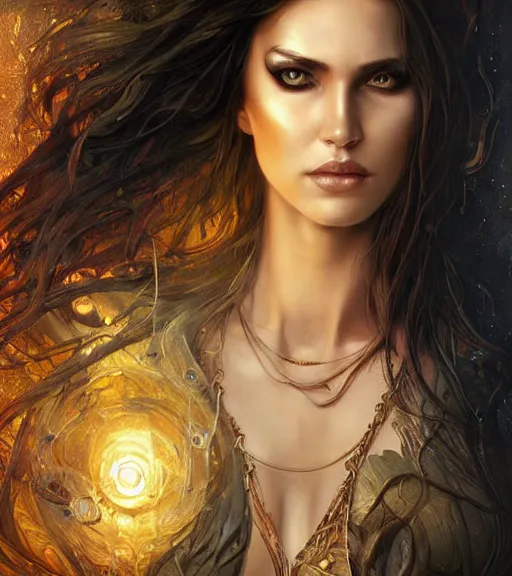 Image similar to a higly detailed full body shot portrait painting of a female sorceress with piercing beautiful eyes, dynamic lighting, ambient lighting, deviantart, art by artgerm and karol bak and mark brooks