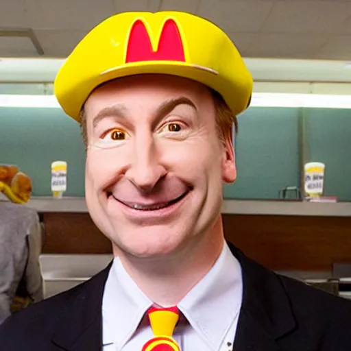 Prompt: Bob Odenkirk works as McDonalds in Mcdonalds uniform