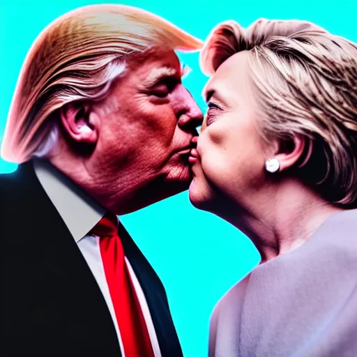 Image similar to Donald Trump Kissing Hillary Clinton, digital art, grungy, unkept hair, glowing eyes, modelsociety, radiant skin, huge anime eyes, RTX on, perfect face, directed gaze, intricate, Sony a7R IV, symmetric balance, polarizing filter, Photolab, Lightroom, 4K, Dolby Vision, Photography Award