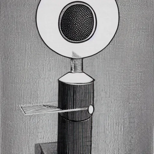 Prompt: microphone, white background, black and white, woodcut, beardsley, aubrey, crepax, guido, moholy - nagy, laszlo, bauhaus, walter gropius, josef albers, oskar schlemmer