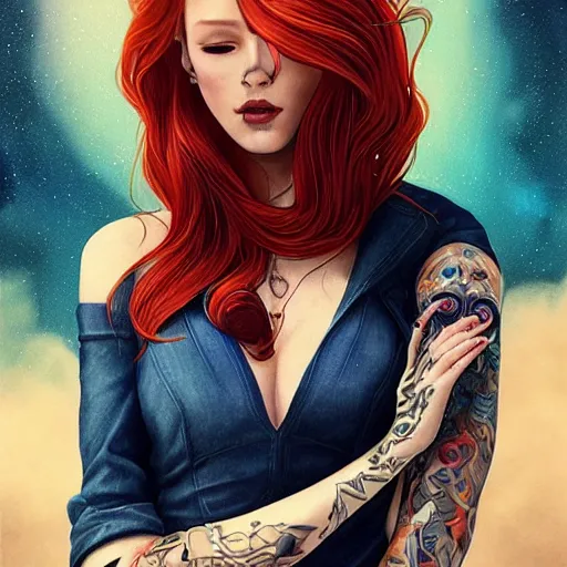 Prompt: a full body photo portrait of a beautiful tattooed redhead woman sitting, carrying a laser gun, a planet in the background. blue dress, light iridescent hair color, long windy hair style, fantasy, realistic, intricate, sharp focus, lens flare, bloom, rim light, illustration, highly detailed, digital painting, concept art, matte, art by ruan jia