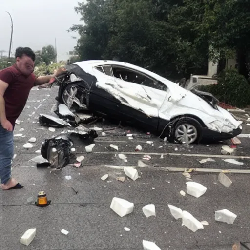 Image similar to an giant marble fall from sky and hit car , wrecked