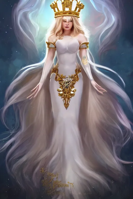 Prompt: Beautiful Queen!!, white long hair, sky blue eyes, tight white silk dress, white long gloves, bear foot, crown made of gold and diamonds, intricate, fantasy, elegant, artstation, hard focus vivid colours