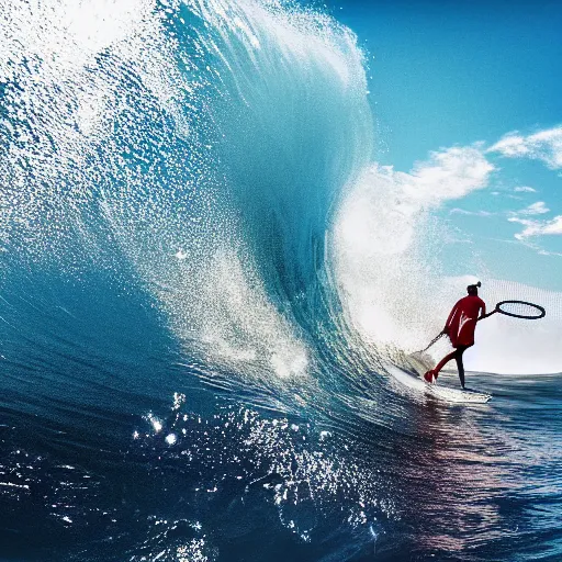 Prompt: photo of a high skilled wave surfing tennis player with white clothes on the red sea. high detail unreal engine