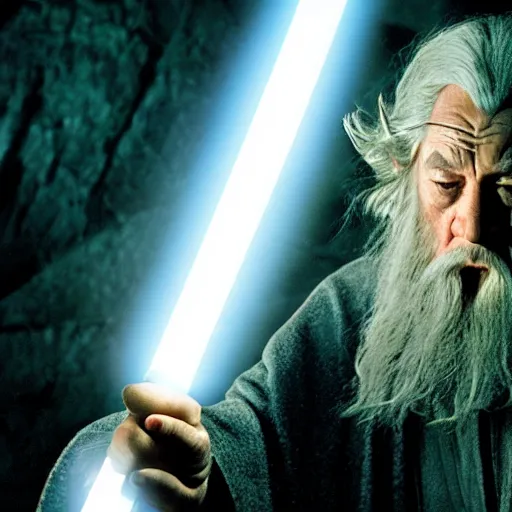 Image similar to gandalf fighting with a lightsaber in the star wars universe, dramatic lighting,