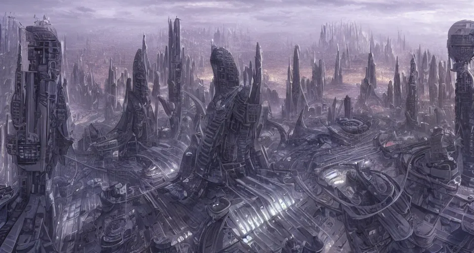 Image similar to view on futuristic city in the horizon, illustration by ed binkley, detailed, sharp, 8 k