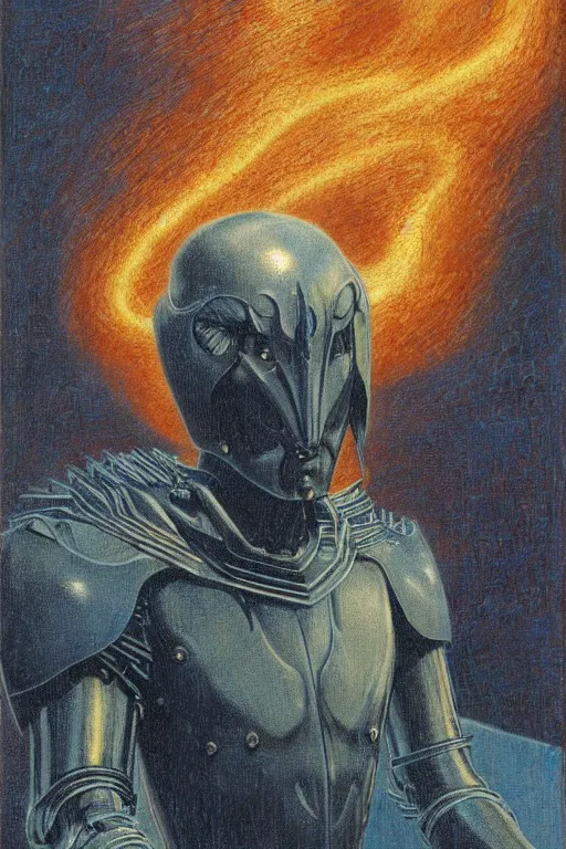 Image similar to portrait of beautiful gothic young man, warhammer, cyber armor, a lot of scars, thunderstorm and fire, blue head, the middle ages, highly detailed, artstation, illustration, art by jean delville, 8 k quality, art by jean delville, max ernst