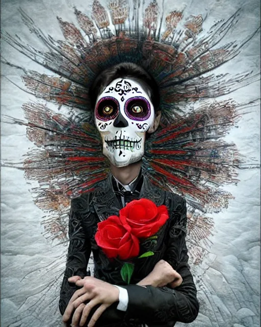 Image similar to dia de los muertos hombre theme surrealist art in the styles of igor morski, jim warren, and a tim burton film, intricate, hyperrealistic, accurate facial details, profile picture with chromakey!!!!! background, volumetric lighting