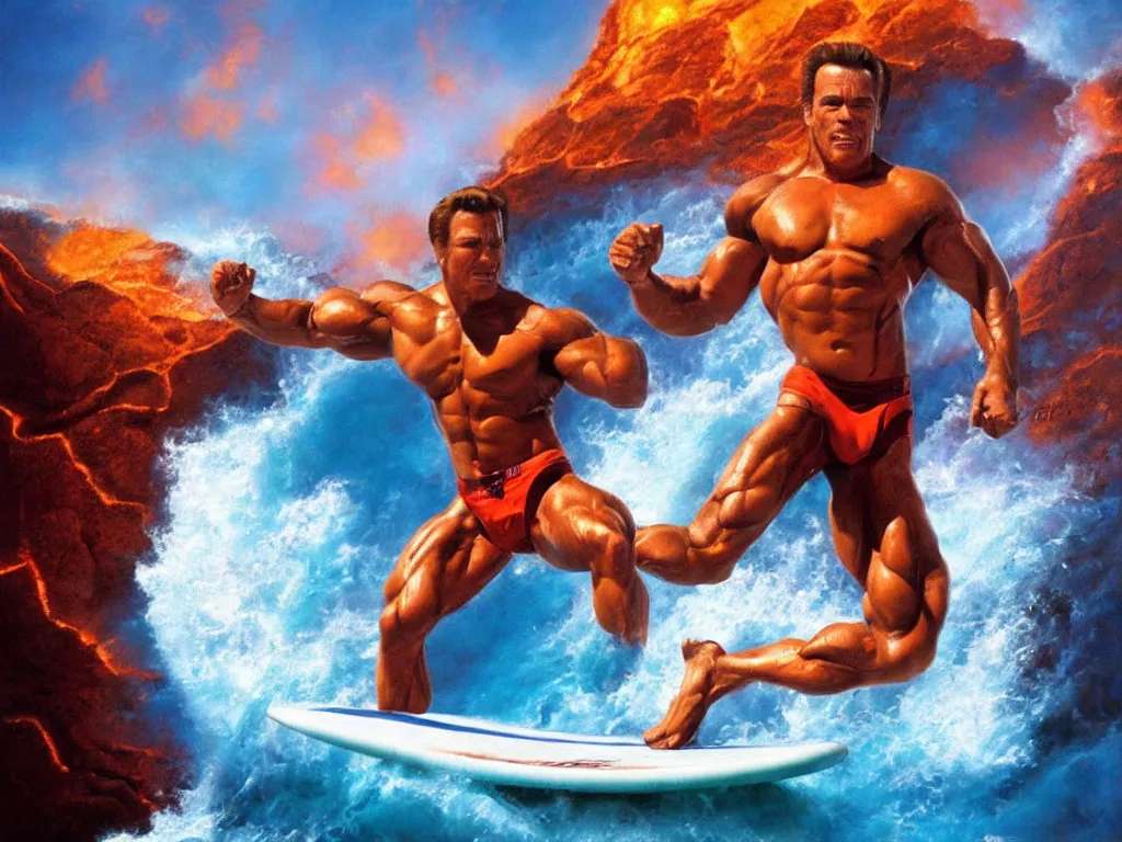 Image similar to arnold schwarzenegger surfing on lava wave by boris vallejo, stunning scene, 8 k, digital painting, hyperrealism, bright colors, trending on artstation