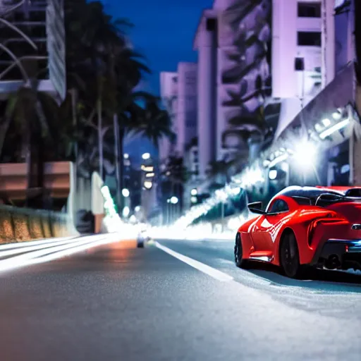 Prompt: still of a toyota supra on the road in Rio De Janeiro, action shot, 85mm, night city, CGSociety , in the spotlight