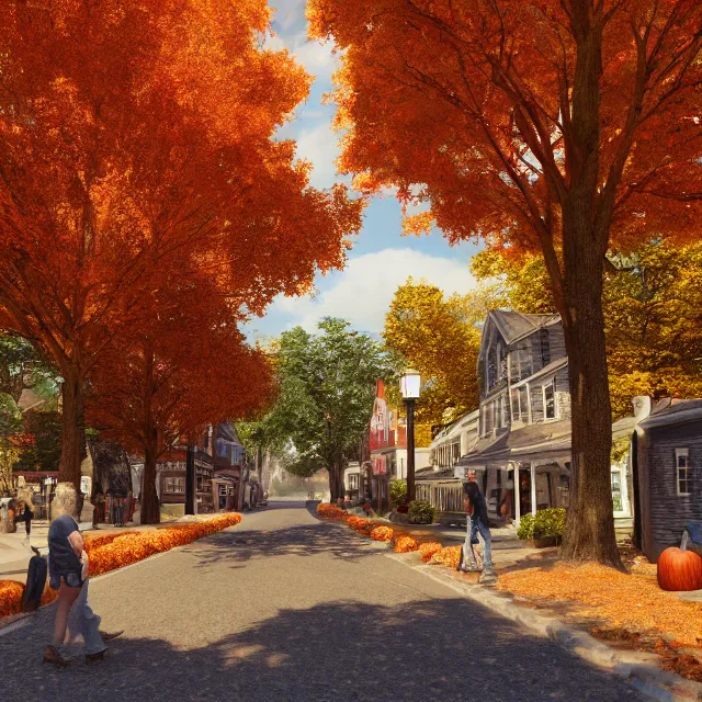 Image similar to small new england colonial city street with shops and pumpkins, maple trees with fall foliage, volumetric, realistic, cinematic lighting, ray tracing, unreal engine 5, octane render, hyper realistic, photo, 8 k