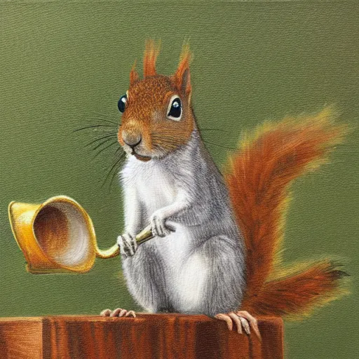 Image similar to squirrel with a trumpet in an oak tree, oil painting