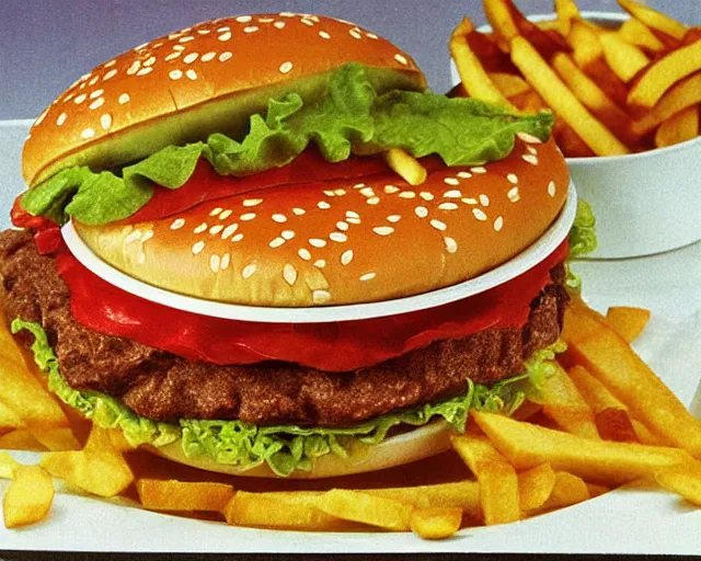 Image similar to 1970's cookbook color photograph of a big Mac with side of fries sharp detail high detail