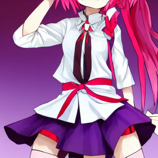 Prompt: Reisen Udongein Inaba, Touhou project, is wearing a white blouse with short sleeves, a red belt, and a blue skirt, Red eyes, long light purple hair, long rabbit ears, Wearing a white blouse, a purple skirt and a red tie, a carrot-shaped clip on the tie