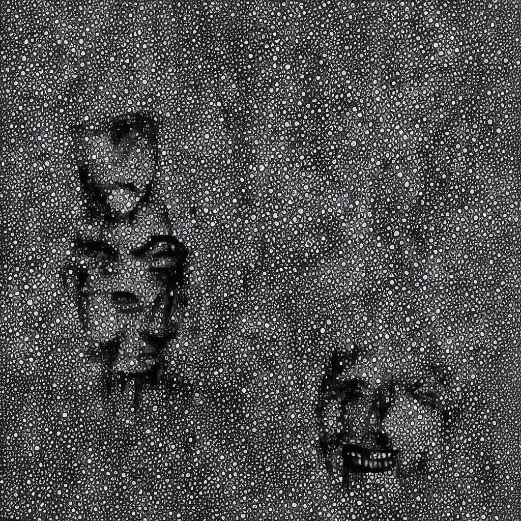 Image similar to camo made of out teeth, smiling, abstract, maya bloch artwork, do hoang tuong artwork, cryptic, dots, stipple, lines, splotch, concrete, color tearing, pitch bending, faceless people, tribal, dark, ominous, eerie, minimal, points, technical, painting