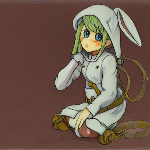 Prompt: little girl, bunny suit, artwork in made in abyss art style, inspired in balthus, clean details, baby color palette, candy, anatomically proportional, hd