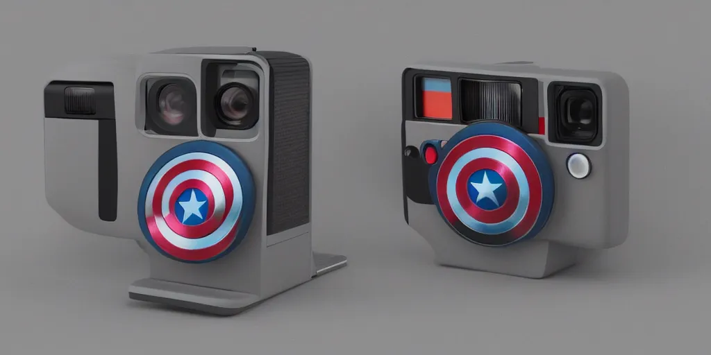 Prompt: a polaroid camera inspired by captain america, isometric design, made of concrete, 3 d product render