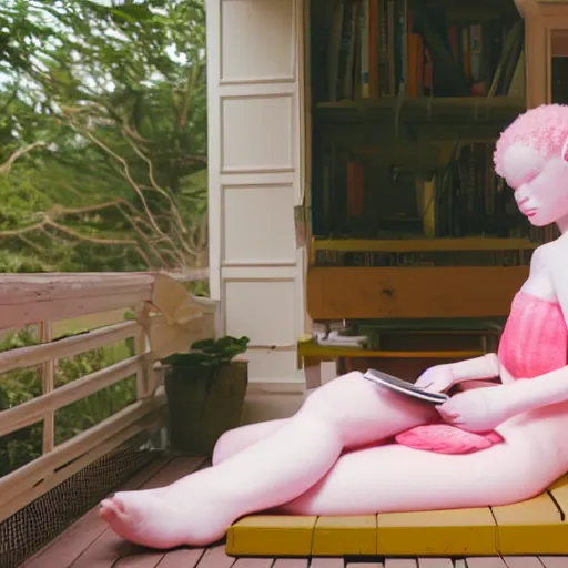 Prompt: cinematic photo of a beautiful albino axolotl woman lit with saturated split colour yellow and dusty pink lighting reading a roberto bolano novel on the deck