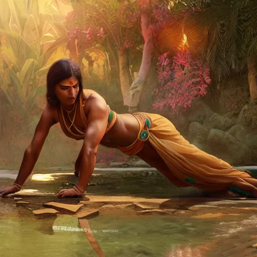 Image similar to indian woman doing push ups, ultra realistic, concept art, intricate details, highly detailed, photorealistic, octane render, 8 k, unreal engine. art by artgerm and greg rutkowski and alphonse mucha