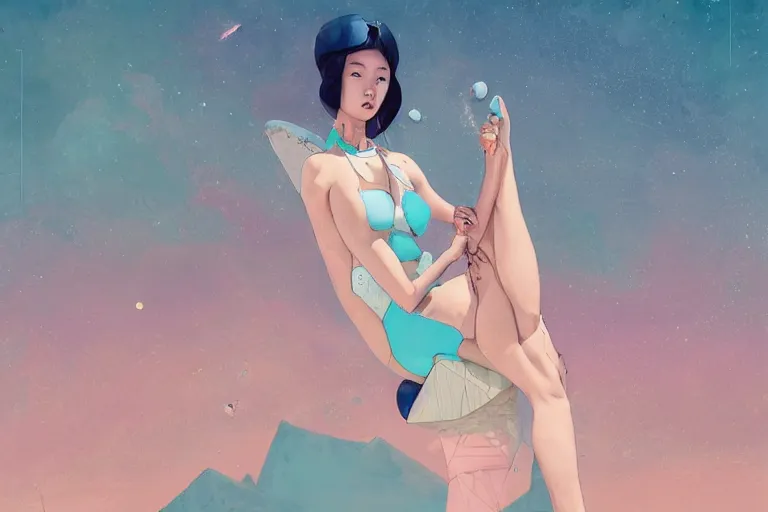 Prompt: lee jin - eun in astronaut dress emerging from turquoise water in egyptian pyramid by peter mohrbacher, nicola samuri, conrad roset, m. k. kaluta, martine johanna, rule of thirds, seductive look, beautiful, refined