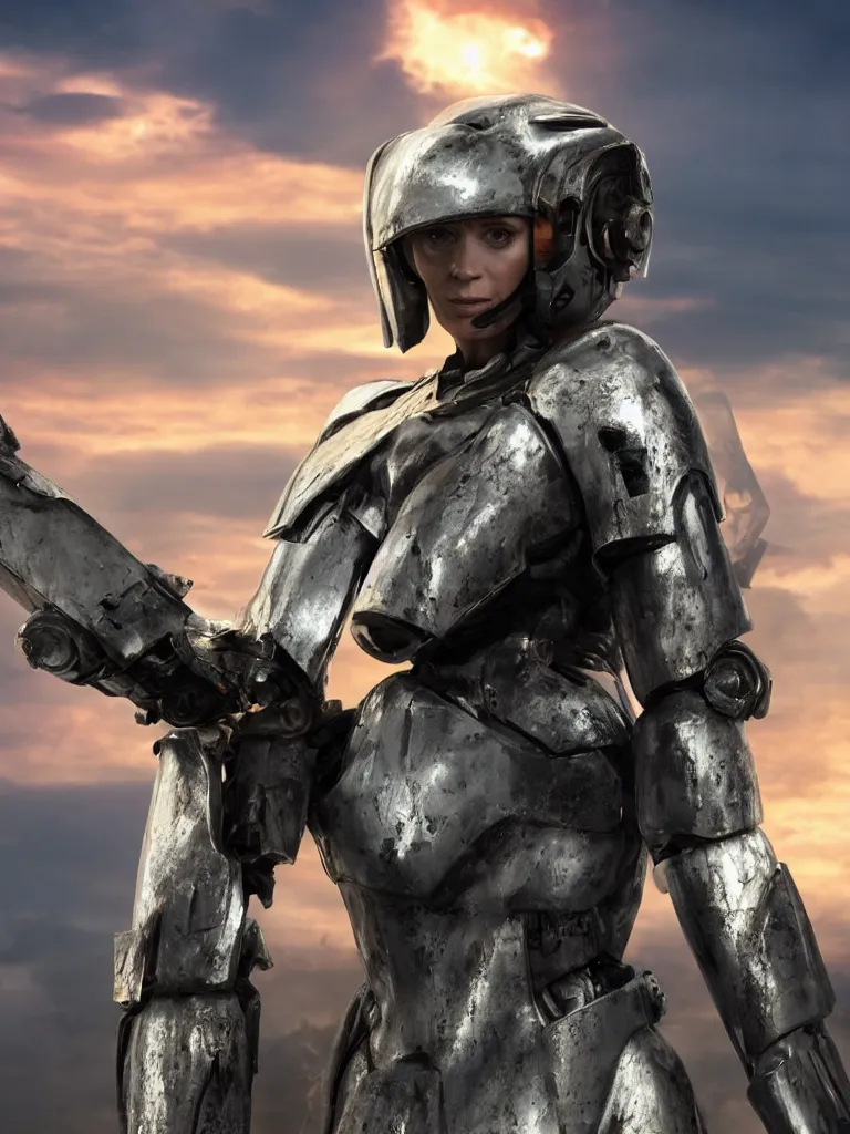 Image similar to emily blunt in futuristic power armor, close up portrait, solitary figure standing atop a pile of rubble, holding a sword on her shoulder, sunset and big clouds behind her