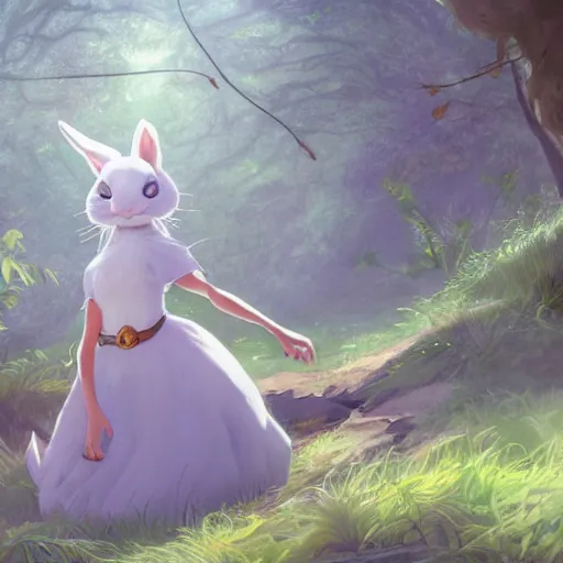 Prompt: concept art painting of a white rabbit wearing a turquoise dress, in the deep forest, realistic, detailed, cel shaded, in the style of makoto shinkai and greg rutkowski and james gurney