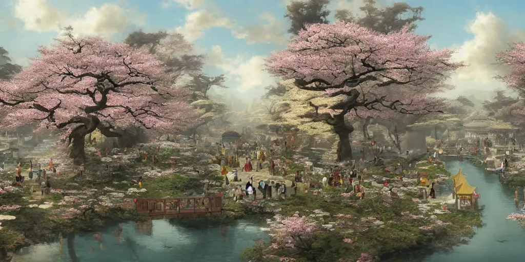 Image similar to a street in a ancient chinese characteristics. it has a high degree of fantasy. cherry blossom forest, there are pavilions in the air, koi jumping in the air, and fairy birds and animals such as cranes and deer coexist with people. it is the life scene of the ancient people, a detailed matte painting by christophe vacher and albert bierstadt