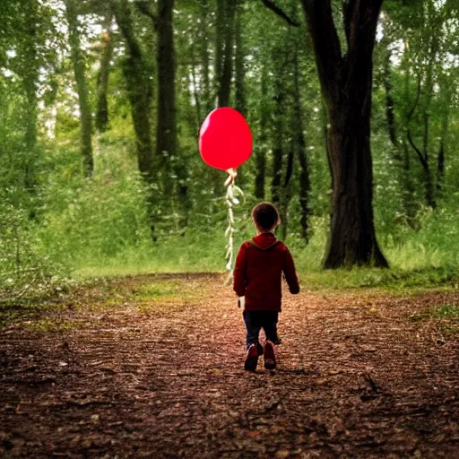 Prompt: little boy walking in the woods at night, scary, red balloon floating in the background