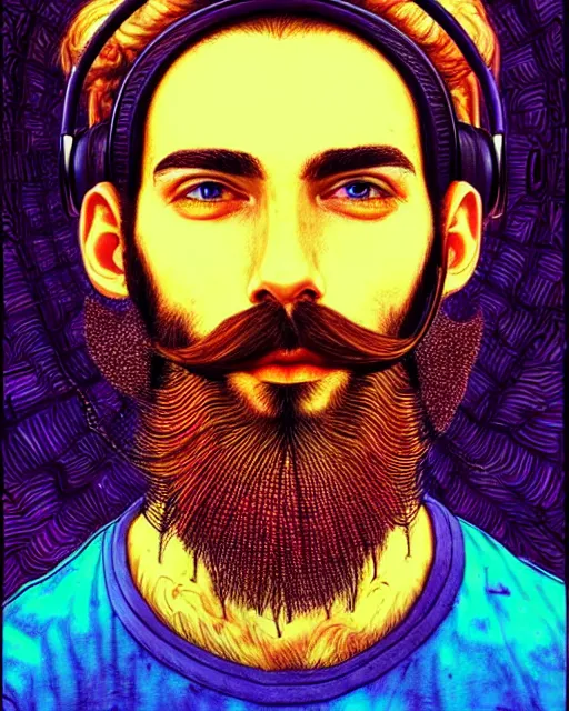 Prompt: detailed hipster skinny man with big headset virtual reality, long vibrant colored beard, dmt, by james gurney + intricate and vibrant work + portrait + trending on artstation + incredible gothic illustration + exquisite detail