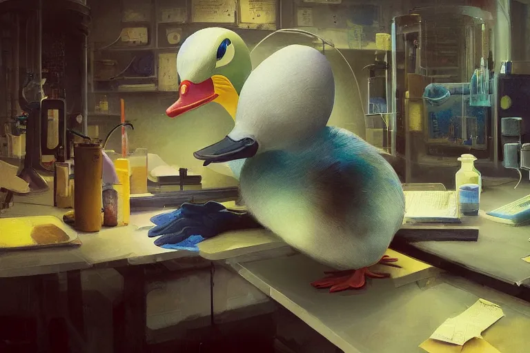 Image similar to A mixed media painting of a scientist duck working in a pcr and microbiology lab, by Frank Frazetta, Greg Rutkowski, Beeple, kawaii, post-processing, low angle, masterpiece, cinematic, isometric, volumetric lighting