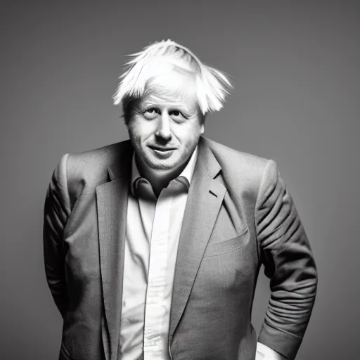 Image similar to boris Johnson standing while posing for a photo, award winning photography, HDR, studio lighting, dynamic pose, medium close shot, shot on Canon EOS R5, f/2.5,