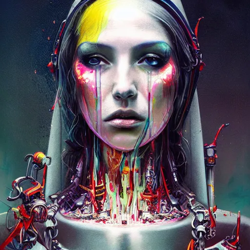 Image similar to portrait of virgin mary, cameras, melting ,8k,by tristan eaton,Stanley Artgermm,Tom Bagshaw,Greg Rutkowski,Carne Griffiths, Ayami Kojima, Beksinski, Giger,trending on DeviantArt,face enhance,hyper detailed,minimalist,cybernetic, android, blade runner,full of colour