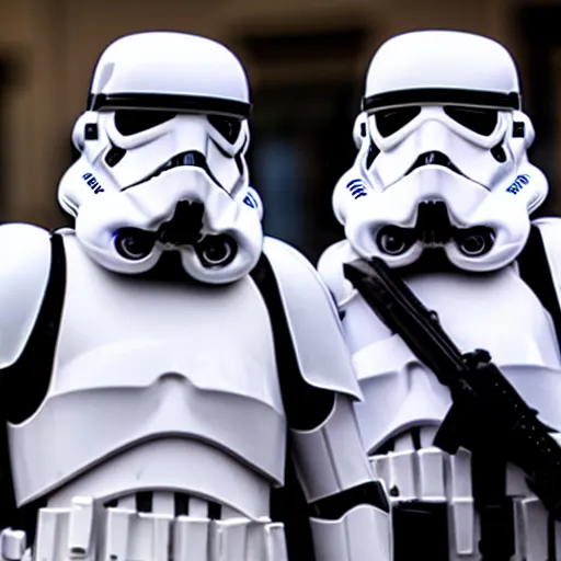 Image similar to two stormtroopers taking pictures with women on the street