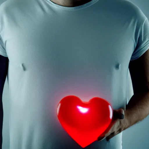 Prompt: a transparent man with a glowing red heart inside his chest.