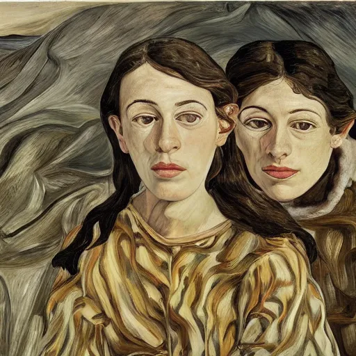 Image similar to a portrait of two beautiful sisters in a scenic environment by lucian freud