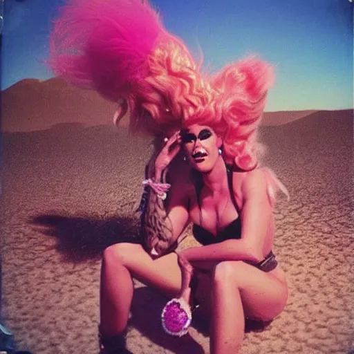 Prompt: drag queen pink paradise in desert, polaroid photo, perfect photo, photo pinterest