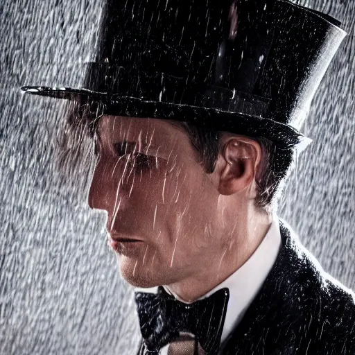 Image similar to cinestill 5 0 d candid photographic portrait by david cronenberg of baroque steampunk cyborg gentleman wearing an edwardian suit and top hat, modern cyberpunk moody emotional cinematic, closeup, pouring rain menacing lights shadows, 8 k, hd, high resolution, 3 5 mm, f / 3 2, ultra realistic faces, ex machina