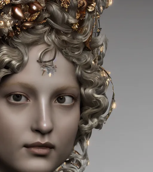 Prompt: baroque neoclassicist closeup renaissance portrait of beautiful river goddess with stars in her hair, sumptuous white pearlescent biomechanical gold, copper, bronze, iridescent titanium, cinematic forest lighting, lifelike ossified incredible hair, crystalline masterpiece incrustations, hyperdetailed face, elegant pose, specular highlights, intricate, octane render, unreal engine,